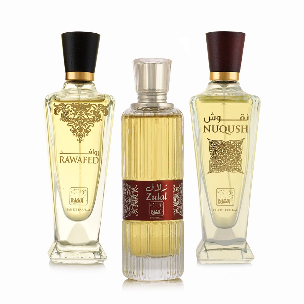 Muzen with Rawafed & Nuqush Eau De Perfume Set by Alshaya Perfumes - 3x100 Ml
