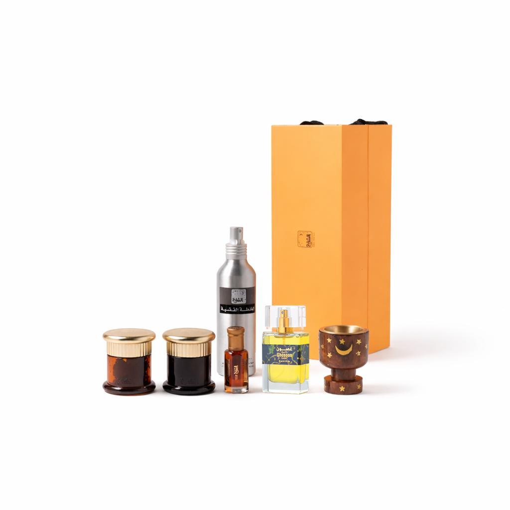 صندوق عطور وبخور لون برتقالي من الشايع للعطور 6 قطع