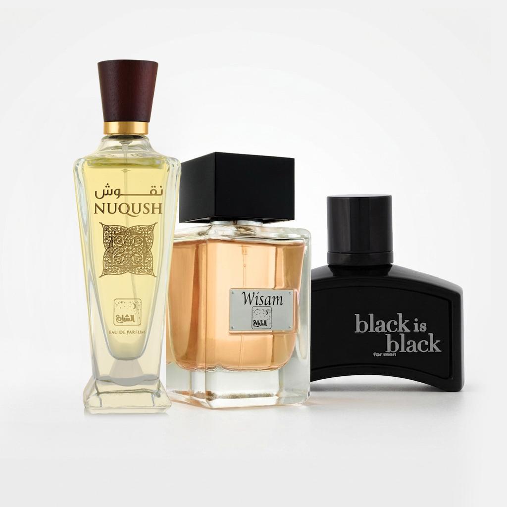 مجموعة عطور رجالية (عطر ميستيك بلو EDP 100 مل + عطر نقوش EDP 100 مل + عطر بلاك إز بلاك EDP 100 مل )