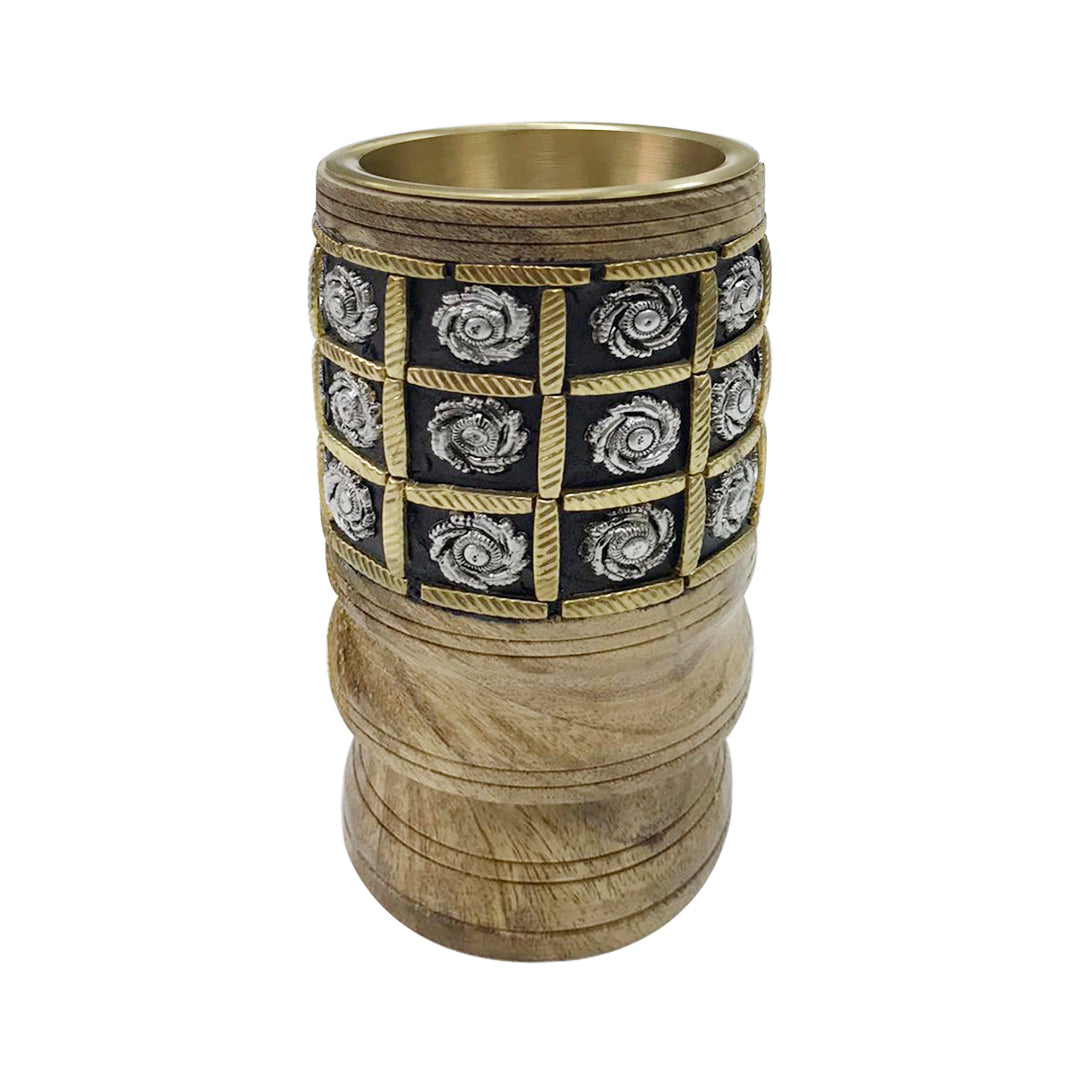 Mubkhar Wooden Cylindrical Gold Silver with Base with Silver Patterns and Gold Lines by Al Shaya Perfumes