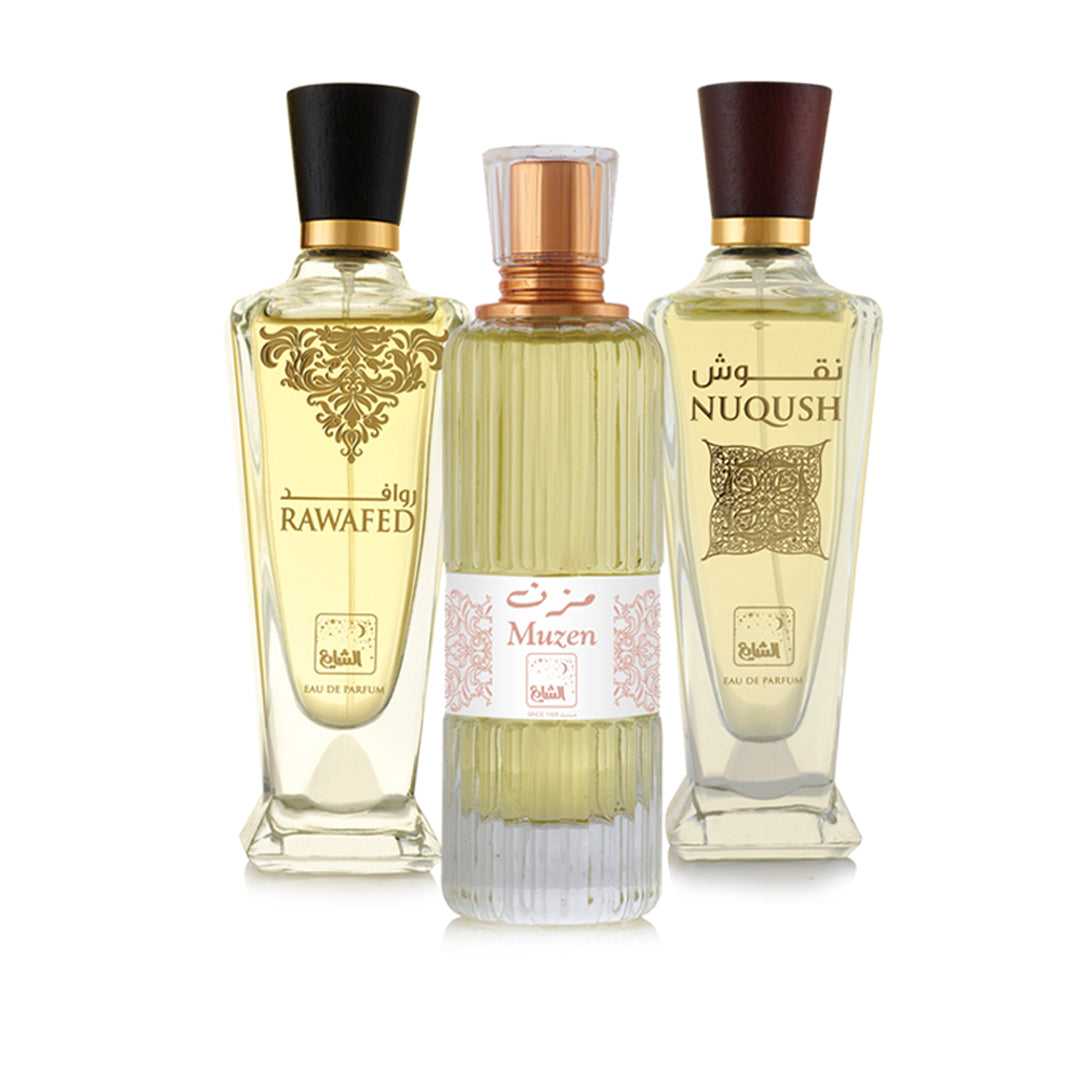 عطر روافد  100 ملي+ عطر مزن 100 ملي + عطر نقوش 100 ملي