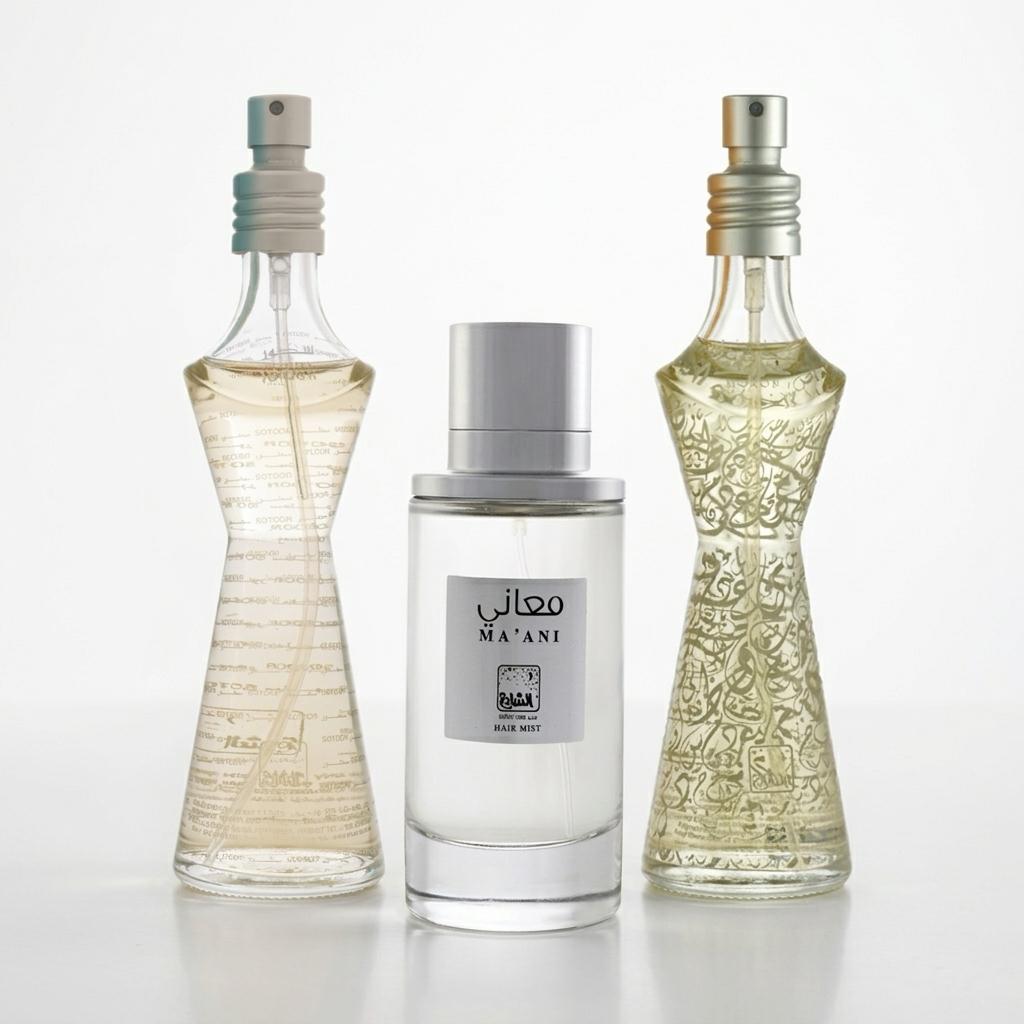 ثلاثية معطرات الشعر ( حروف 50 مل + معاني 100 مل + سطور 50 مل)  من الشايع للعطور