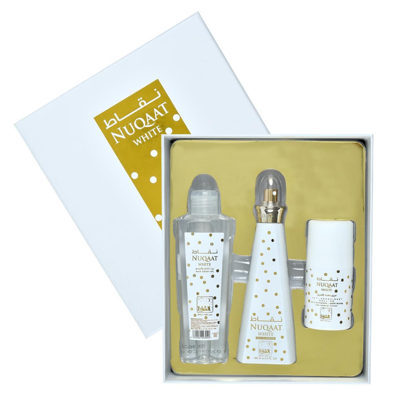 طقم نقاط ابيض ( عطر +زيت للشعر والجسم + مزيل عرق )