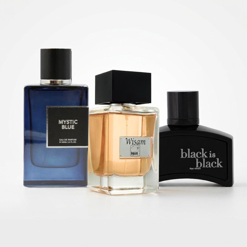 مجموعة عطور رجالية (عطر ميستيك بلو EDP 100 مل + عطر وسام EDP 100 مل  + عطر بلاك إز بلاك EDP 100 مل )