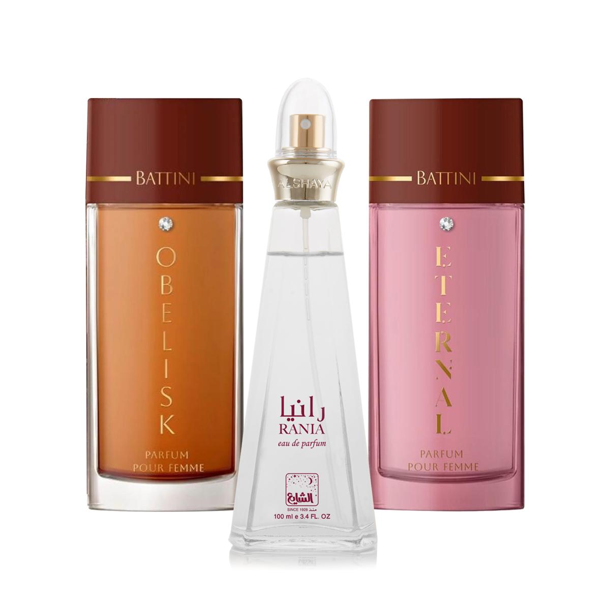 مجموعة عطور نسائية EDP (عطر رانيا 100 مل +عطر إتيرنال كريستال ايديشن  - 100 مل + عطرانيفرساري كريستال اديشن رقم 123 - 100 مل )